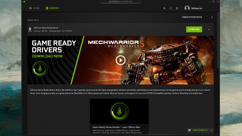 Driver của NVIDIA có thể được update trực tiếp qua app Geforce Experience