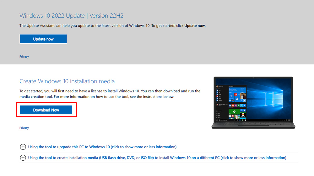 Chọn Download Now để tải Windows 10 installation media