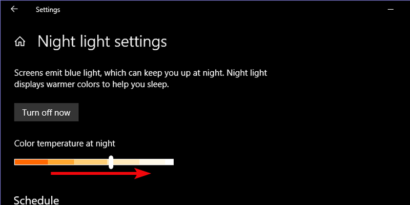 Kéo thanh trượt để điều chỉnh độ vàng của Night Light